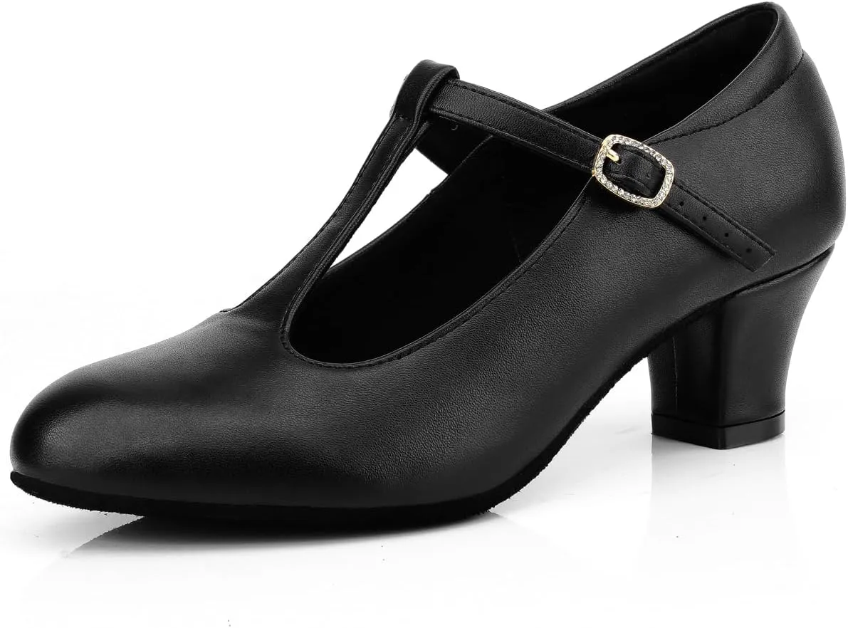 T-Strap Ballroom Dance Shoes Womens Salsa Character Pumps Dress Heels