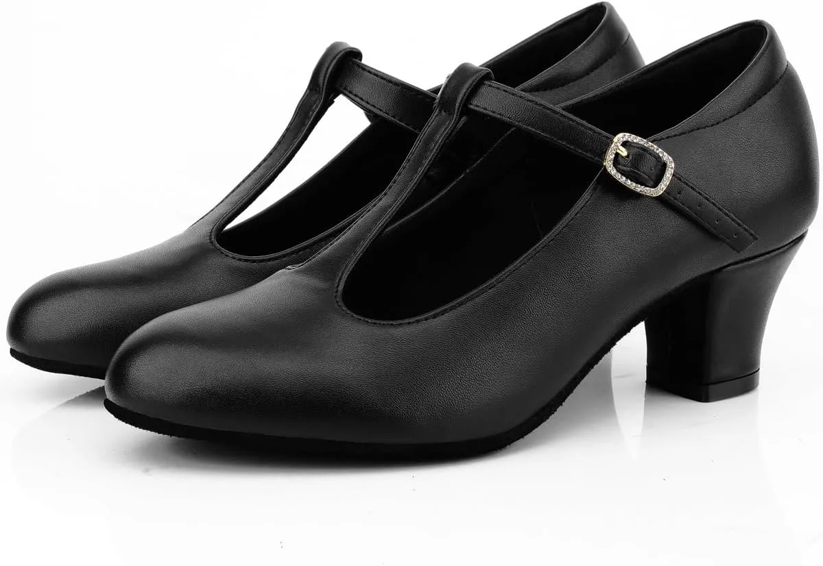 T-Strap Ballroom Dance Shoes Womens Salsa Character Pumps Dress Heels
