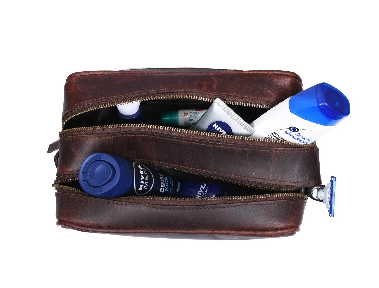 Tampa Leather Toiletry Bag - Walnut Brown