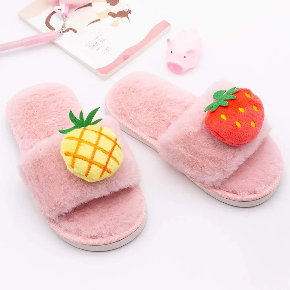 techcity Boys Girls Fuzzy House Slippers Cute Comfy Faux Fur Slip On Fluffy Plush Open Toe Home Slides for Kids Indoor Outdoor Warm Shoes