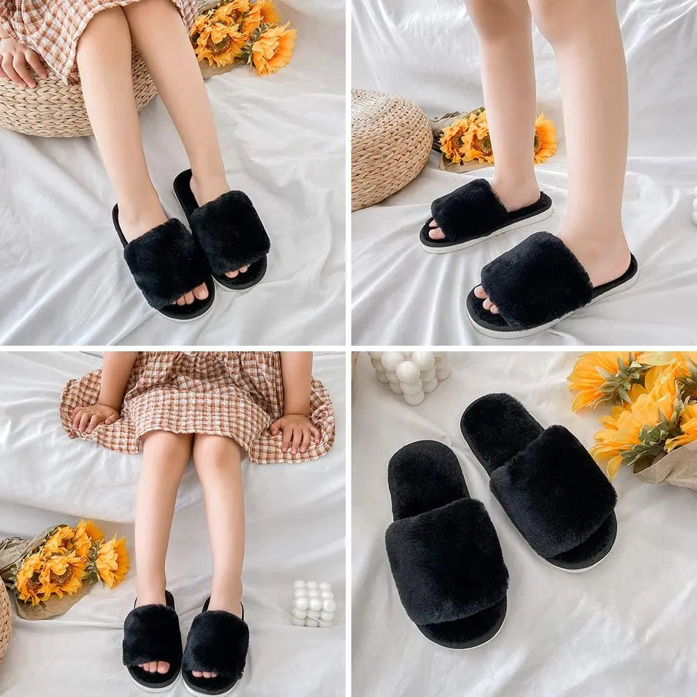 techcity Boys Girls Fuzzy House Slippers Cute Comfy Faux Fur Slip On Fluffy Plush Open Toe Home Slides for Kids Indoor Outdoor Warm Shoes