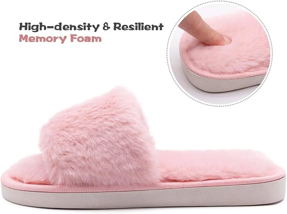 techcity Boys Girls Fuzzy House Slippers Cute Comfy Faux Fur Slip On Fluffy Plush Open Toe Home Slides for Kids Indoor Outdoor Warm Shoes
