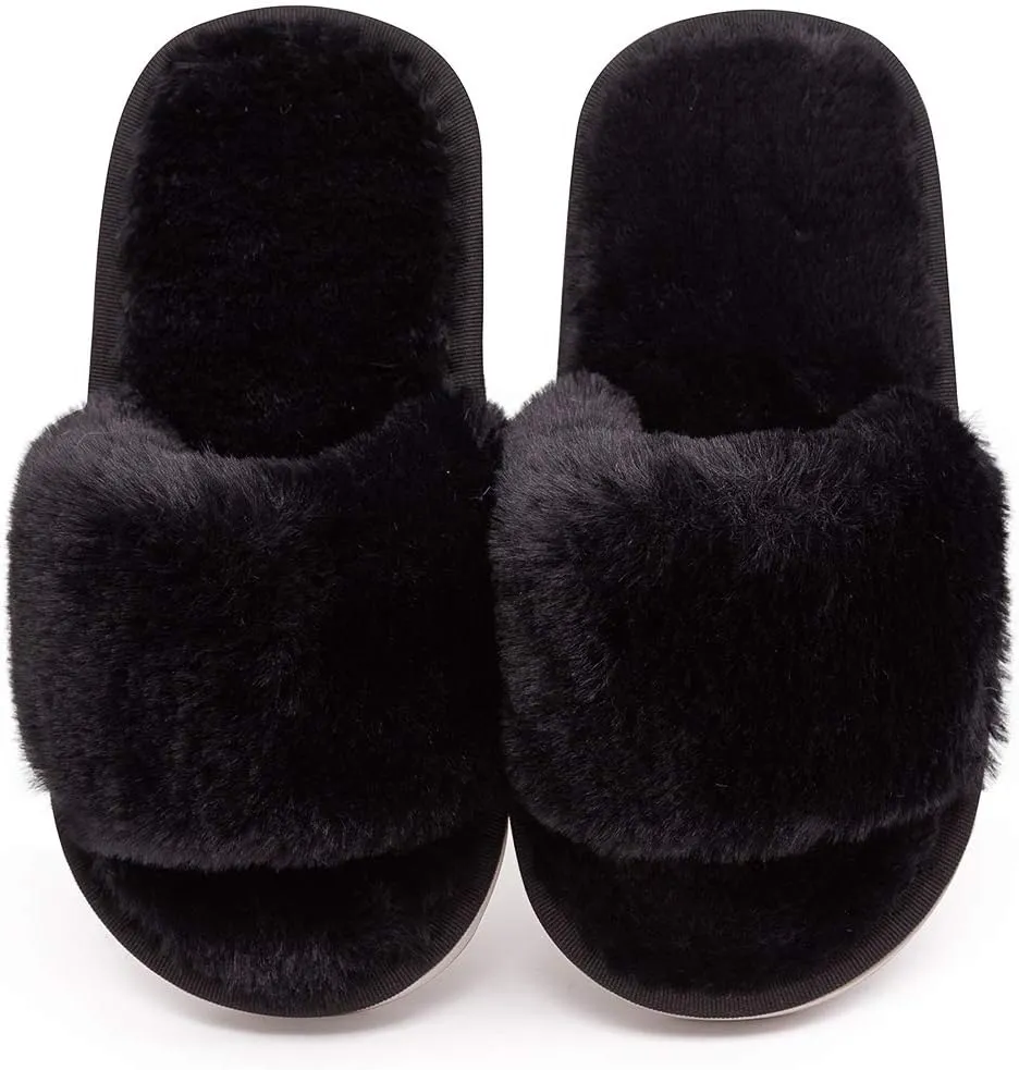 techcity Boys Girls Fuzzy House Slippers Cute Comfy Faux Fur Slip On Fluffy Plush Open Toe Home Slides for Kids Indoor Outdoor Warm Shoes