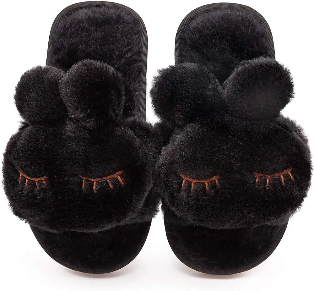 techcity Boys Girls Fuzzy House Slippers Cute Comfy Faux Fur Slip On Fluffy Plush Open Toe Home Slides for Kids Indoor Outdoor Warm Shoes