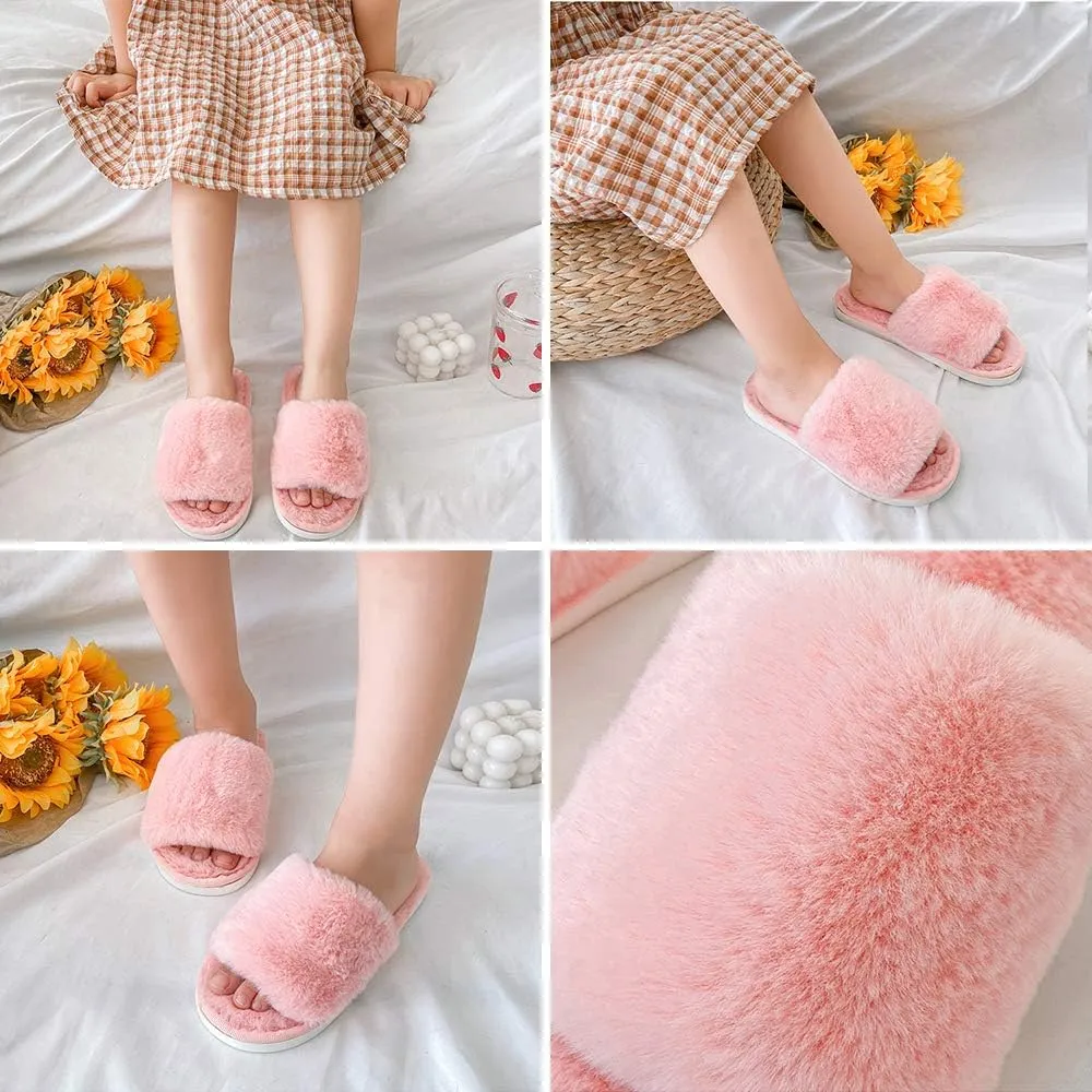techcity Boys Girls Fuzzy House Slippers Cute Comfy Faux Fur Slip On Fluffy Plush Open Toe Home Slides for Kids Indoor Outdoor Warm Shoes