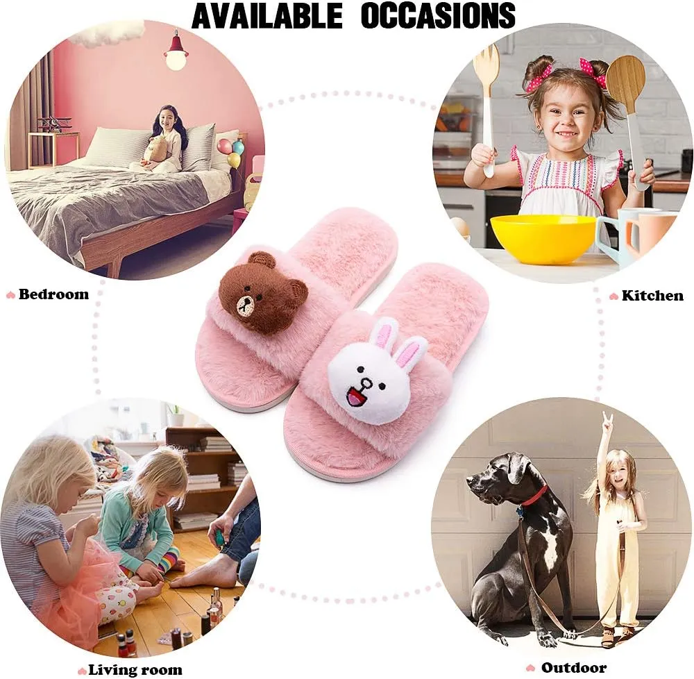 techcity Boys Girls Fuzzy House Slippers Cute Comfy Faux Fur Slip On Fluffy Plush Open Toe Home Slides for Kids Indoor Outdoor Warm Shoes