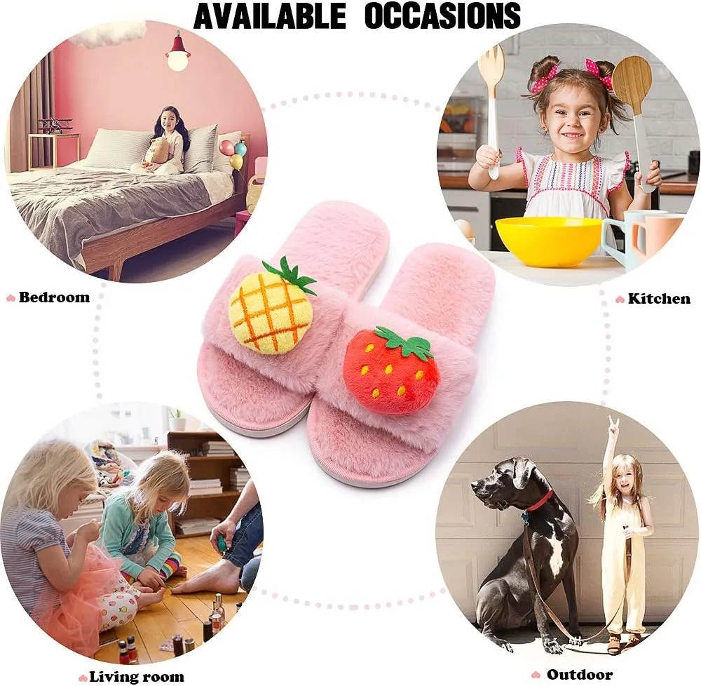 techcity Boys Girls Fuzzy House Slippers Cute Comfy Faux Fur Slip On Fluffy Plush Open Toe Home Slides for Kids Indoor Outdoor Warm Shoes