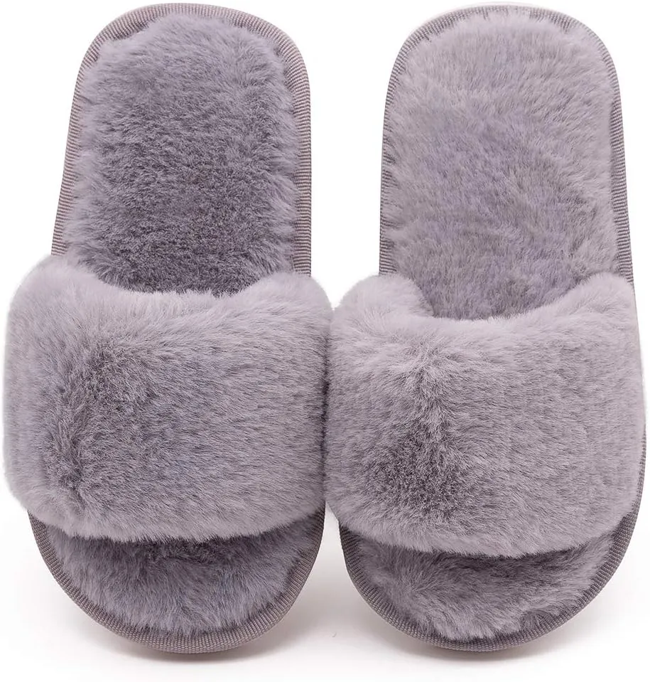 techcity Boys Girls Fuzzy House Slippers Cute Comfy Faux Fur Slip On Fluffy Plush Open Toe Home Slides for Kids Indoor Outdoor Warm Shoes