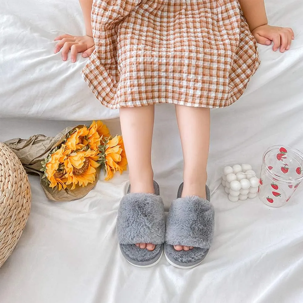 techcity Boys Girls Fuzzy House Slippers Cute Comfy Faux Fur Slip On Fluffy Plush Open Toe Home Slides for Kids Indoor Outdoor Warm Shoes