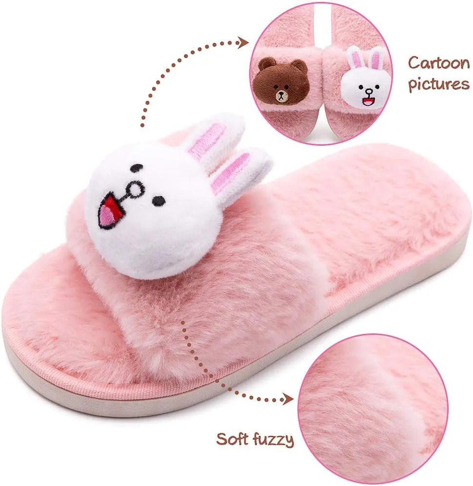 techcity Boys Girls Fuzzy House Slippers Cute Comfy Faux Fur Slip On Fluffy Plush Open Toe Home Slides for Kids Indoor Outdoor Warm Shoes