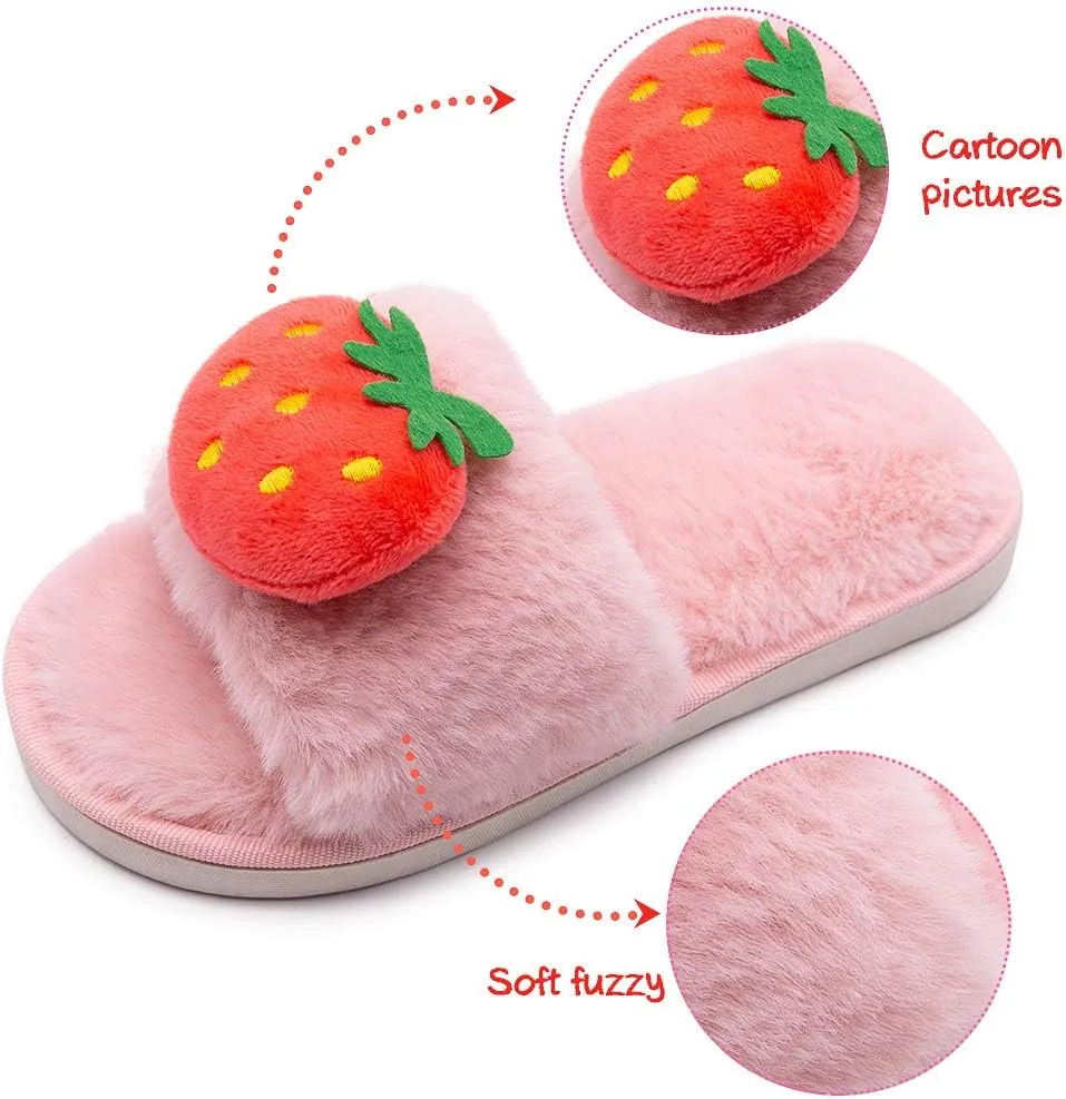 techcity Boys Girls Fuzzy House Slippers Cute Comfy Faux Fur Slip On Fluffy Plush Open Toe Home Slides for Kids Indoor Outdoor Warm Shoes