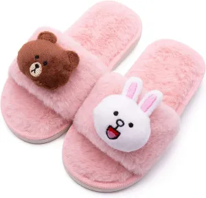 techcity Boys Girls Fuzzy House Slippers Cute Comfy Faux Fur Slip On Fluffy Plush Open Toe Home Slides for Kids Indoor Outdoor Warm Shoes