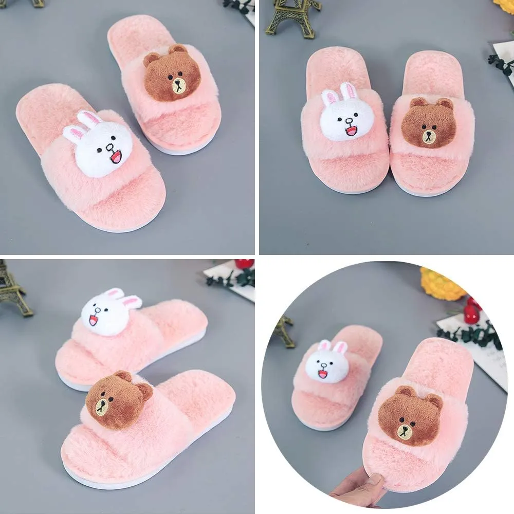 techcity Boys Girls Fuzzy House Slippers Cute Comfy Faux Fur Slip On Fluffy Plush Open Toe Home Slides for Kids Indoor Outdoor Warm Shoes