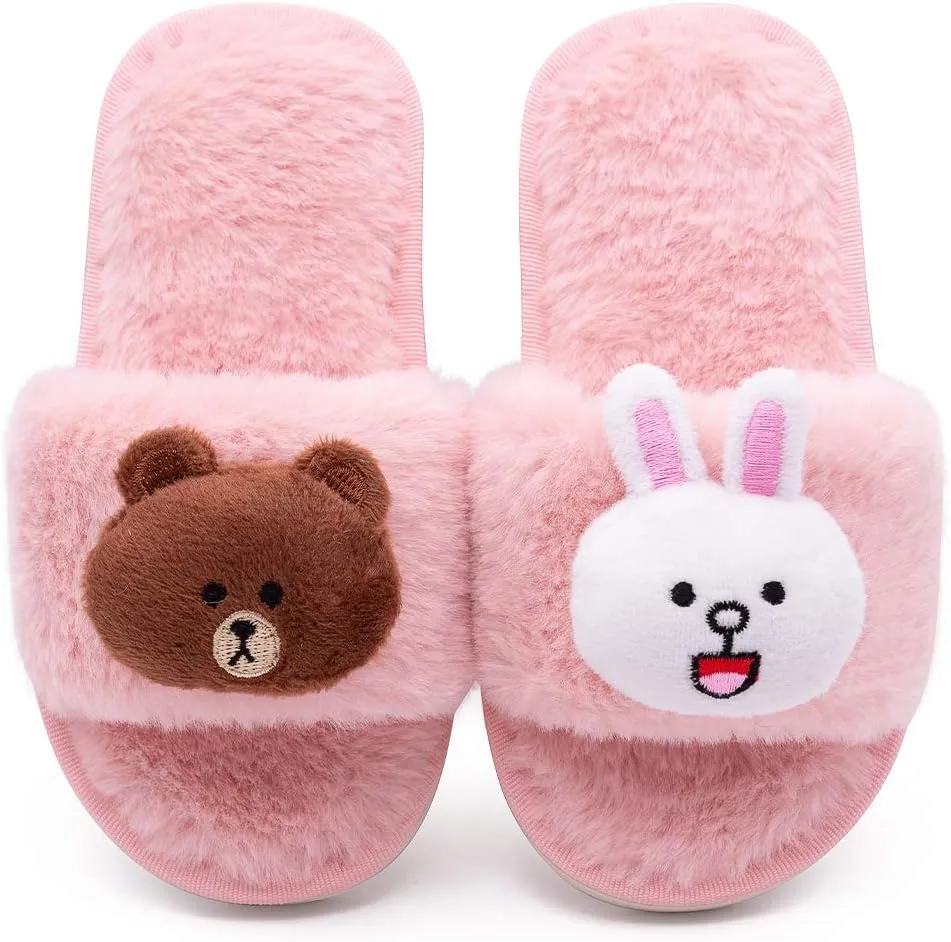 techcity Boys Girls Fuzzy House Slippers Cute Comfy Faux Fur Slip On Fluffy Plush Open Toe Home Slides for Kids Indoor Outdoor Warm Shoes