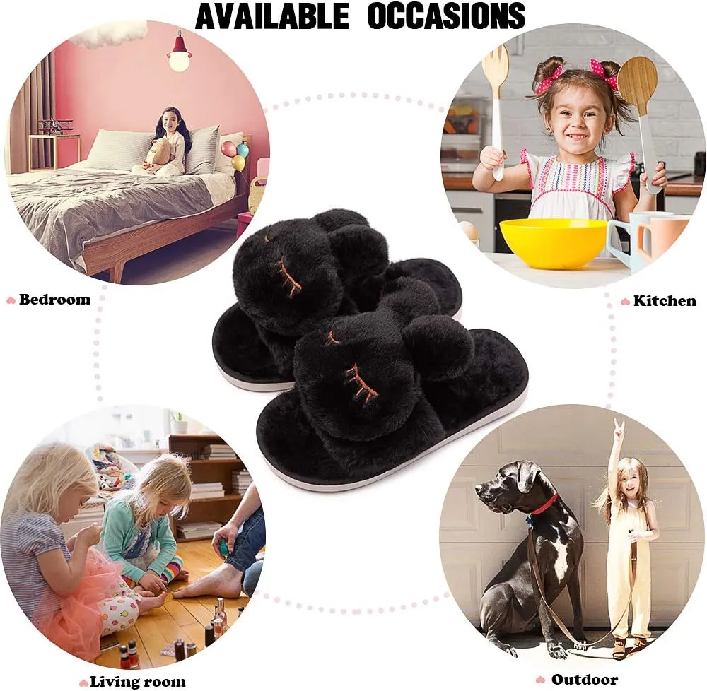 techcity Boys Girls Fuzzy House Slippers Cute Comfy Faux Fur Slip On Fluffy Plush Open Toe Home Slides for Kids Indoor Outdoor Warm Shoes