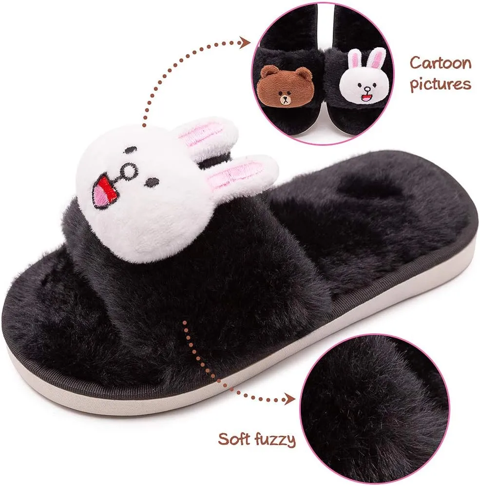 techcity Boys Girls Fuzzy House Slippers Cute Comfy Faux Fur Slip On Fluffy Plush Open Toe Home Slides for Kids Indoor Outdoor Warm Shoes
