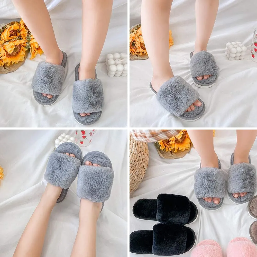 techcity Boys Girls Fuzzy House Slippers Cute Comfy Faux Fur Slip On Fluffy Plush Open Toe Home Slides for Kids Indoor Outdoor Warm Shoes