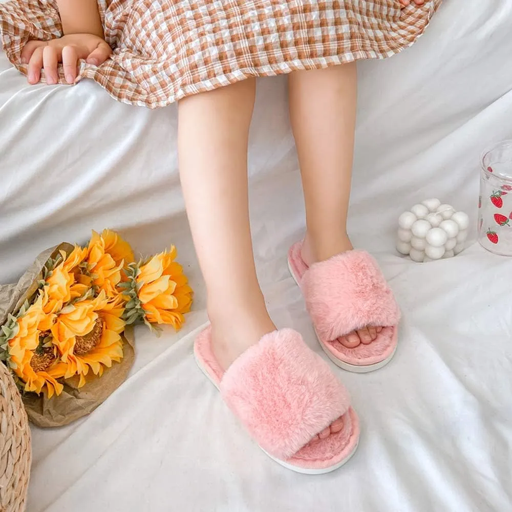 techcity Boys Girls Fuzzy House Slippers Cute Comfy Faux Fur Slip On Fluffy Plush Open Toe Home Slides for Kids Indoor Outdoor Warm Shoes