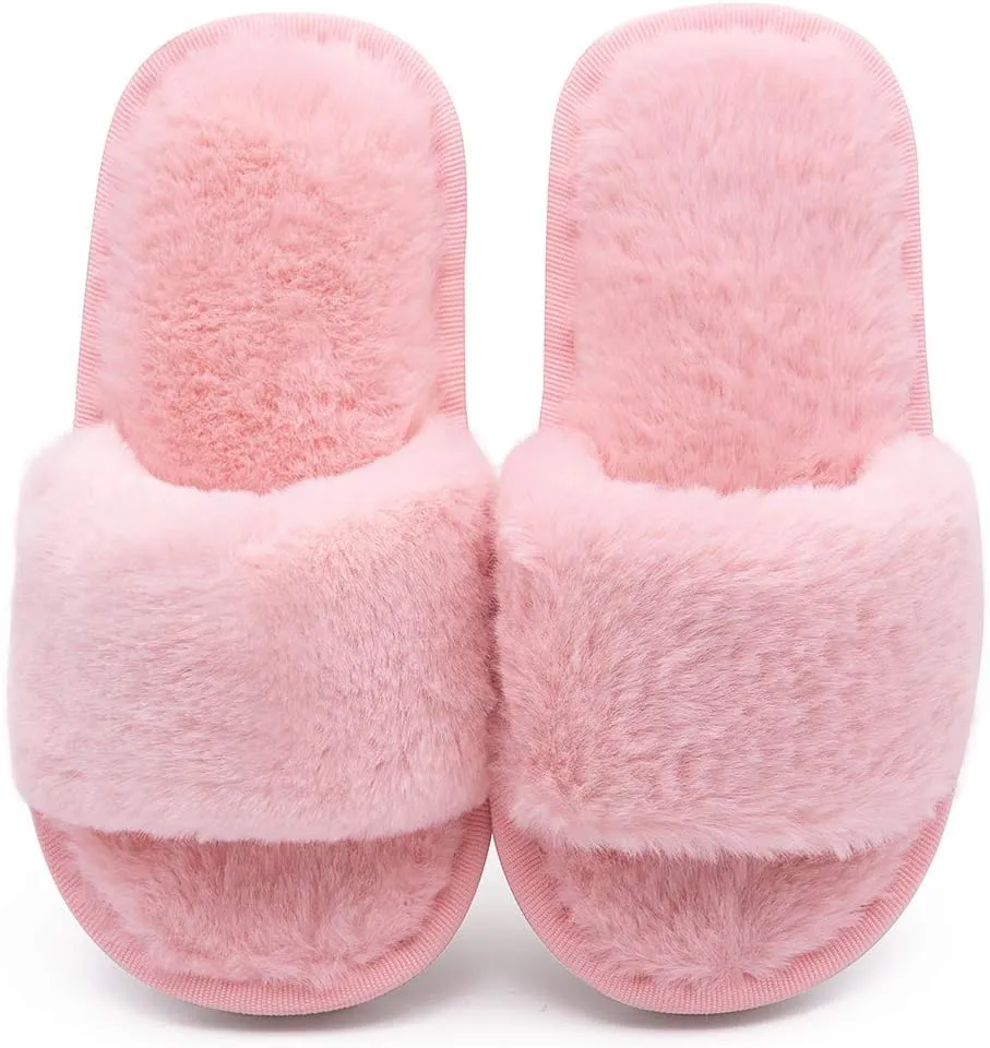 techcity Boys Girls Fuzzy House Slippers Cute Comfy Faux Fur Slip On Fluffy Plush Open Toe Home Slides for Kids Indoor Outdoor Warm Shoes