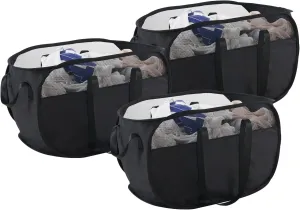 TECHMILLY Collapsible Laundry Basket, Foldable Tear Proof Mesh Pop Up Hamper with Reinforced Carry Handles for Laundry, Bathroom, Dorm or Travel (Black, 3 Pack)