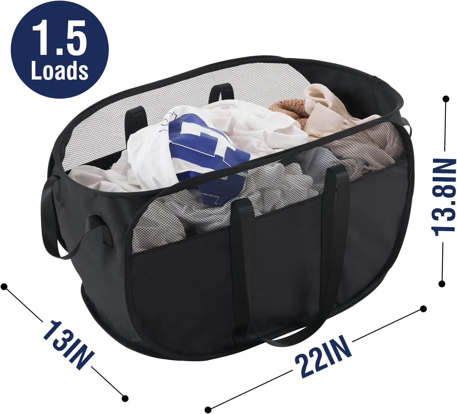 TECHMILLY Collapsible Laundry Basket, Foldable Tear Proof Mesh Pop Up Hamper with Reinforced Carry Handles for Laundry, Bathroom, Dorm or Travel (Black, 3 Pack)