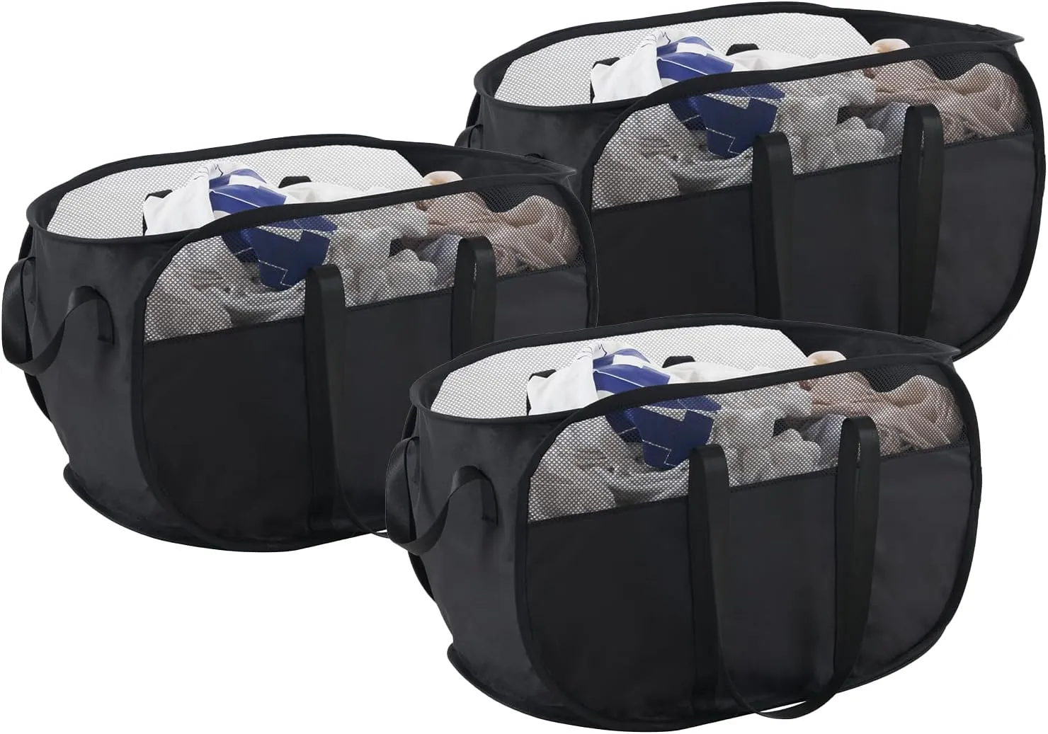TECHMILLY Collapsible Laundry Basket, Foldable Tear Proof Mesh Pop Up Hamper with Reinforced Carry Handles for Laundry, Bathroom, Dorm or Travel (Black, 3 Pack)