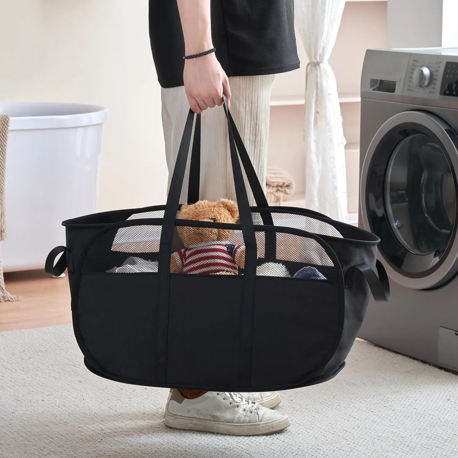 TECHMILLY Collapsible Laundry Basket, Foldable Tear Proof Mesh Pop Up Hamper with Reinforced Carry Handles for Laundry, Bathroom, Dorm or Travel (Black, 3 Pack)