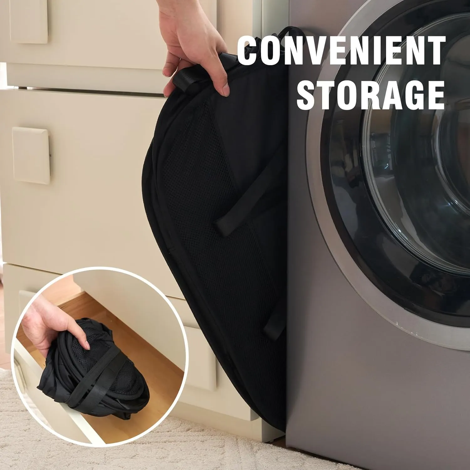 TECHMILLY Collapsible Laundry Basket, Foldable Tear Proof Mesh Pop Up Hamper with Reinforced Carry Handles for Laundry, Bathroom, Dorm or Travel (Black, 3 Pack)