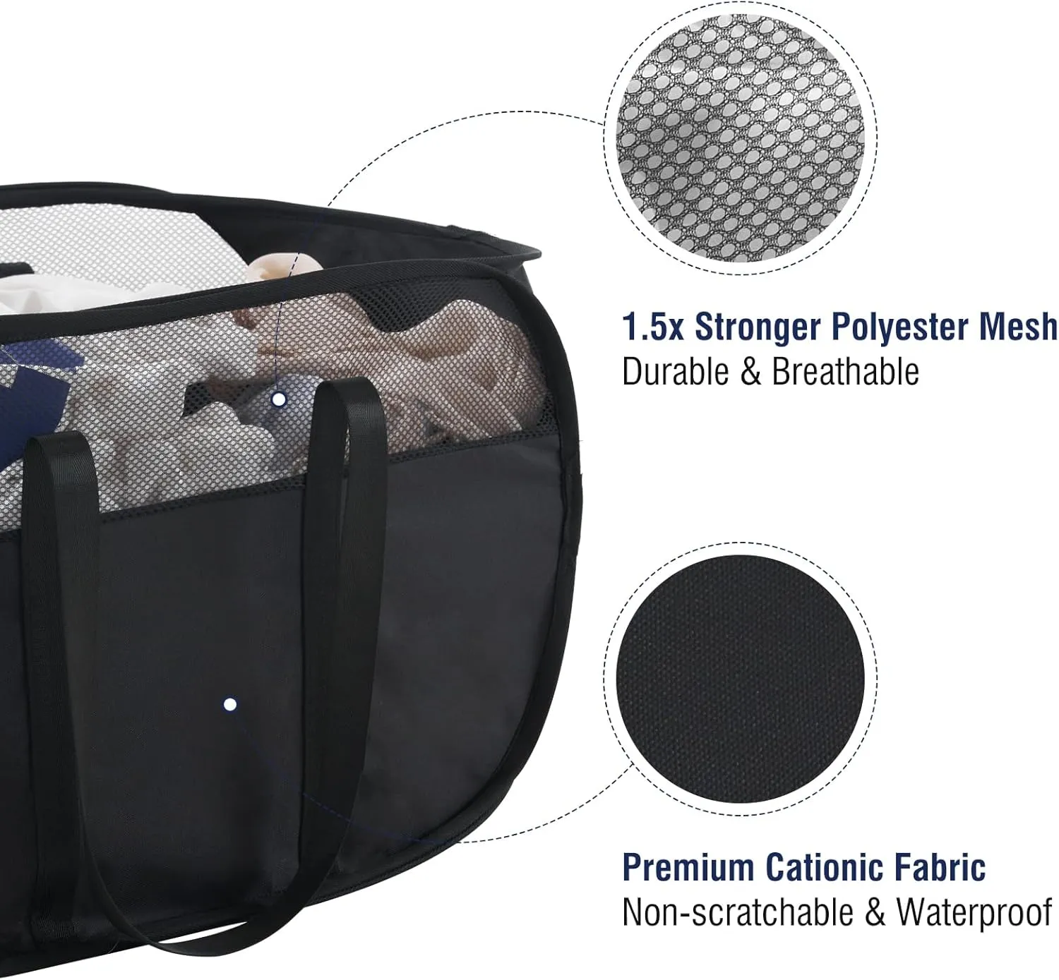 TECHMILLY Collapsible Laundry Basket, Foldable Tear Proof Mesh Pop Up Hamper with Reinforced Carry Handles for Laundry, Bathroom, Dorm or Travel (Black, 3 Pack)