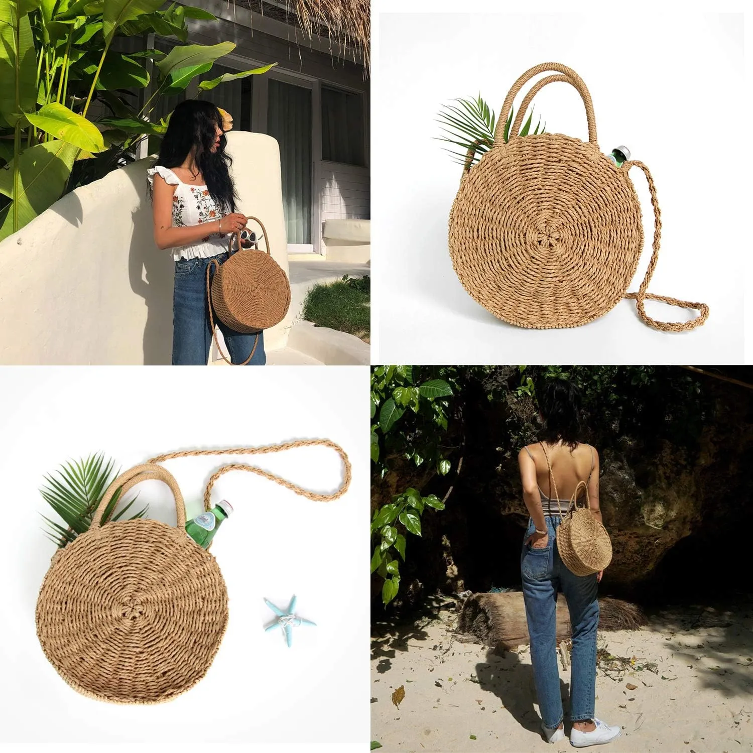 Teeya Straw Crossbody Bag Women Weave Shoulder Bag Round Summer Beach Purse and Handbags
