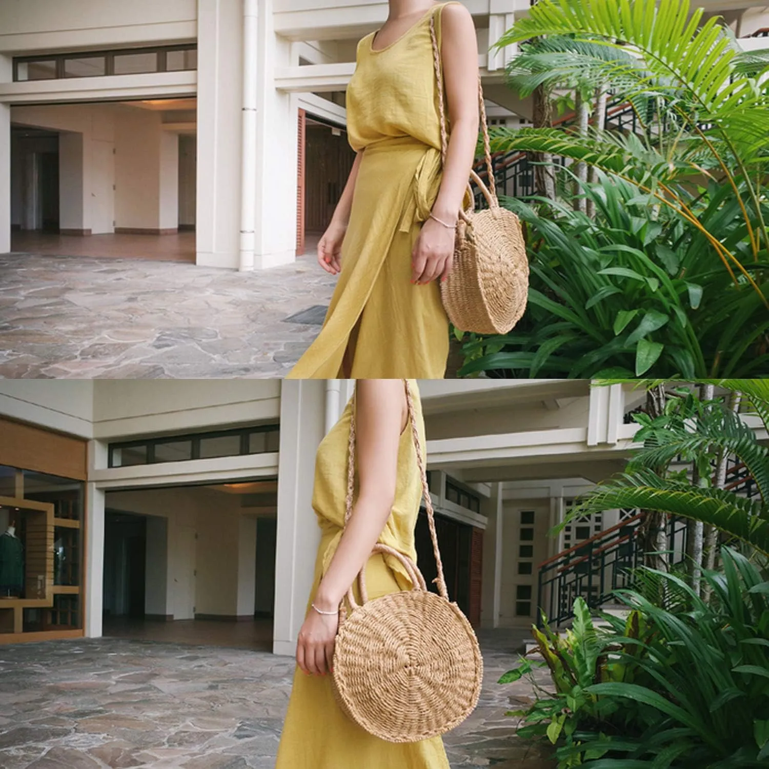Teeya Straw Crossbody Bag Women Weave Shoulder Bag Round Summer Beach Purse and Handbags