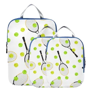 Tennis Balls and Rackets Seamless On White 3 Set Packing Cubes, Travel Packing Organizers, Waterproof Check Oxford cloth Toiletry Storage Bag