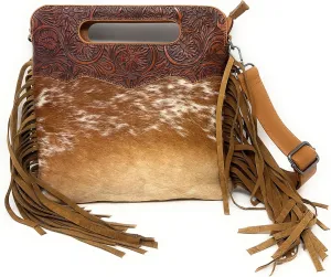 Texas West Western Genuine Leather Cowhide Fur Fringe Womens Crossbody Bag in 3 Colors. Cow fur may vary.