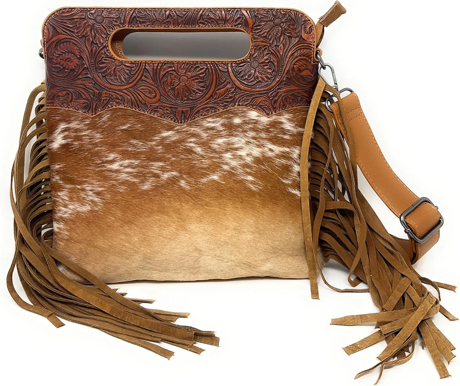 Texas West Western Genuine Leather Cowhide Fur Fringe Womens Crossbody Bag in 3 Colors. Cow fur may vary.