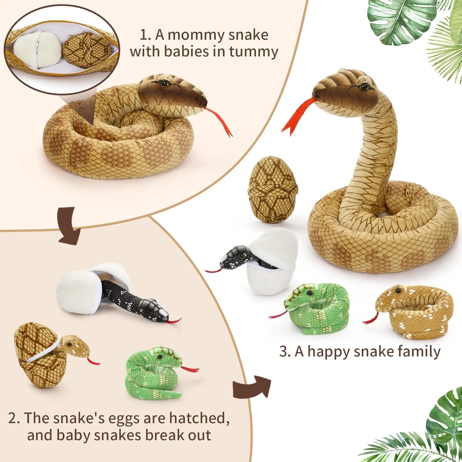 Tezituor Giant Realistic Snake Stuffed Animal, Large 79 Inch Long Brown Boa Constrictor Plush Toy, Mommy Snake with 3 Cute Babies & 2 Eggs Gift for Boys Girls, W353_11_200