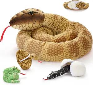 Tezituor Giant Realistic Snake Stuffed Animal, Large 79 Inch Long Brown Boa Constrictor Plush Toy, Mommy Snake with 3 Cute Babies & 2 Eggs Gift for Boys Girls, W353_11_200