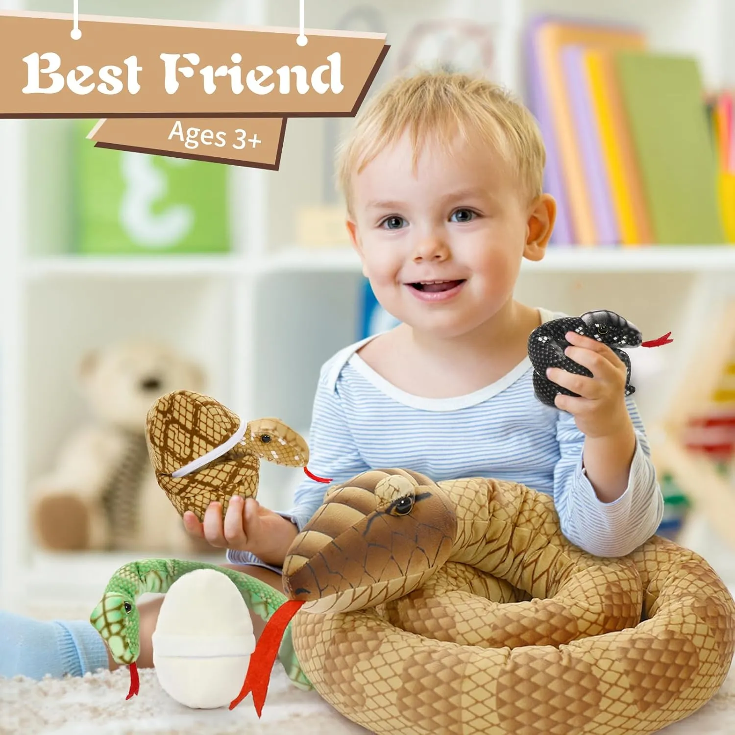 Tezituor Giant Realistic Snake Stuffed Animal, Large 79 Inch Long Brown Boa Constrictor Plush Toy, Mommy Snake with 3 Cute Babies & 2 Eggs Gift for Boys Girls, W353_11_200