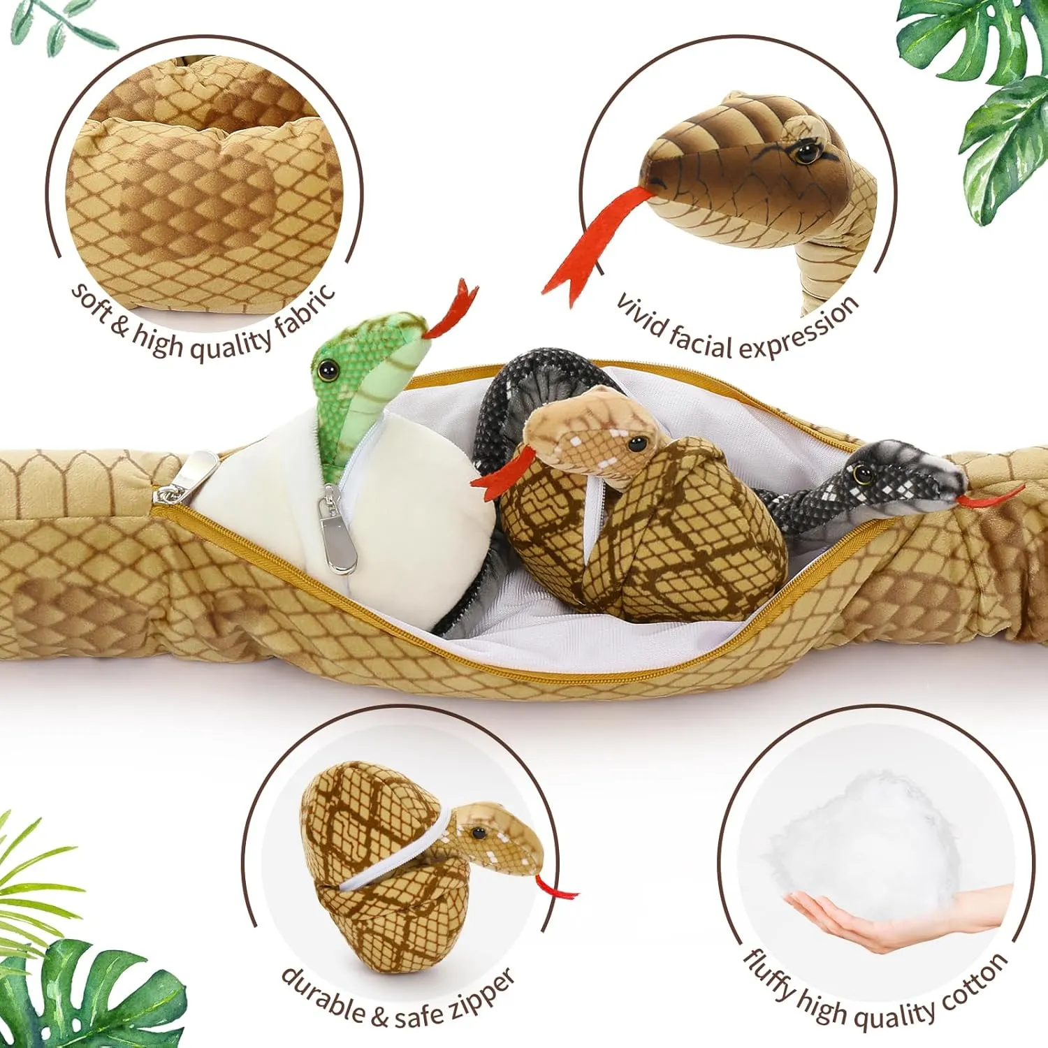 Tezituor Giant Realistic Snake Stuffed Animal, Large 79 Inch Long Brown Boa Constrictor Plush Toy, Mommy Snake with 3 Cute Babies & 2 Eggs Gift for Boys Girls, W353_11_200