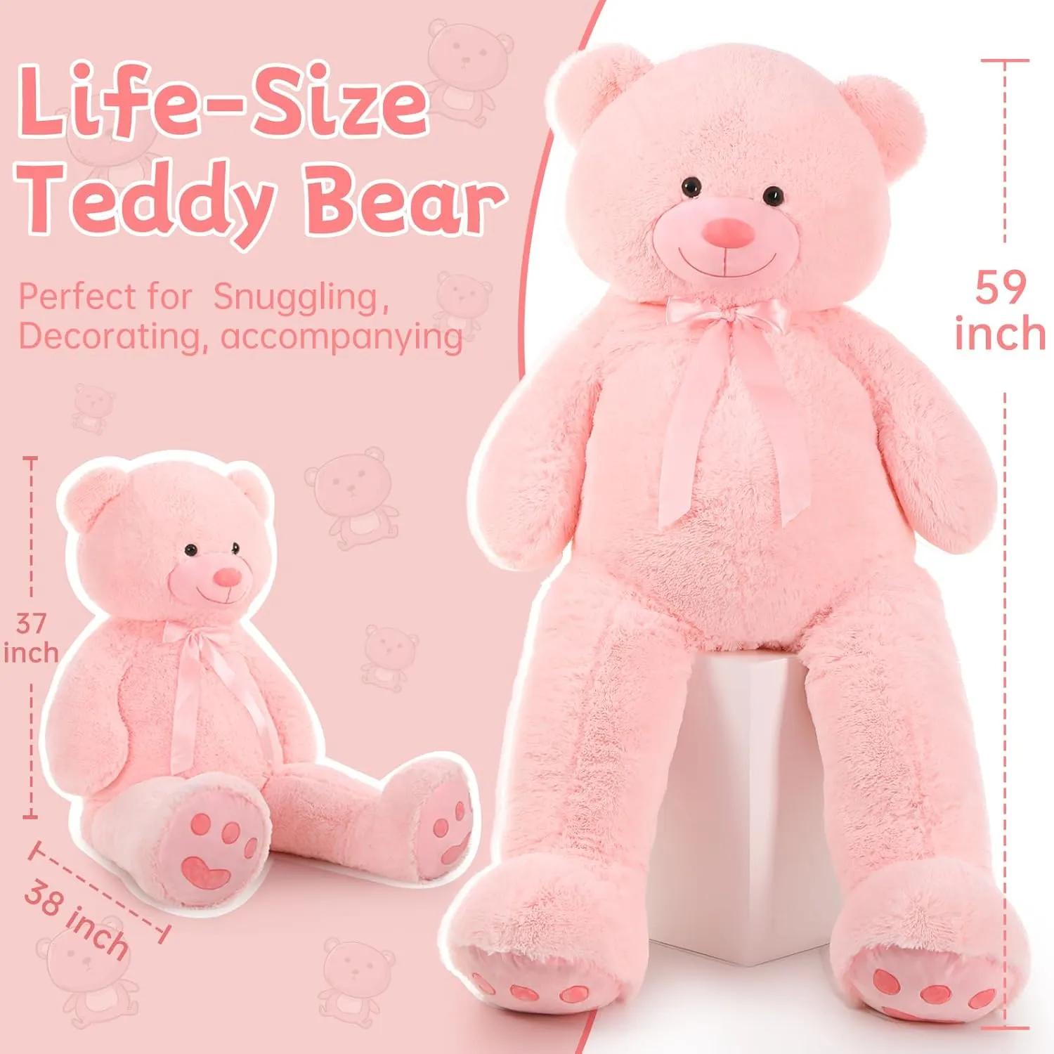Tezituor Giant Teddy Bear 5 Feet Big Pink Stuffed Animal Stuffed Bears, Valentines Teddy Bear Gift for Women Girlfriend Boyfriend, Soft Lifesize Bear Plush for Girl Boy, Plush Gift for Kids