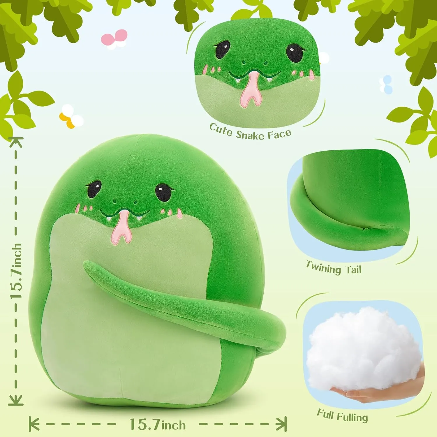 Tezituor Snake Plush Toy Pillow, 17.7” Soft Snake Stuffed Animal Green Snake Throw Pillow Plushie Doll Birthday Decor for Kids Boys Girls