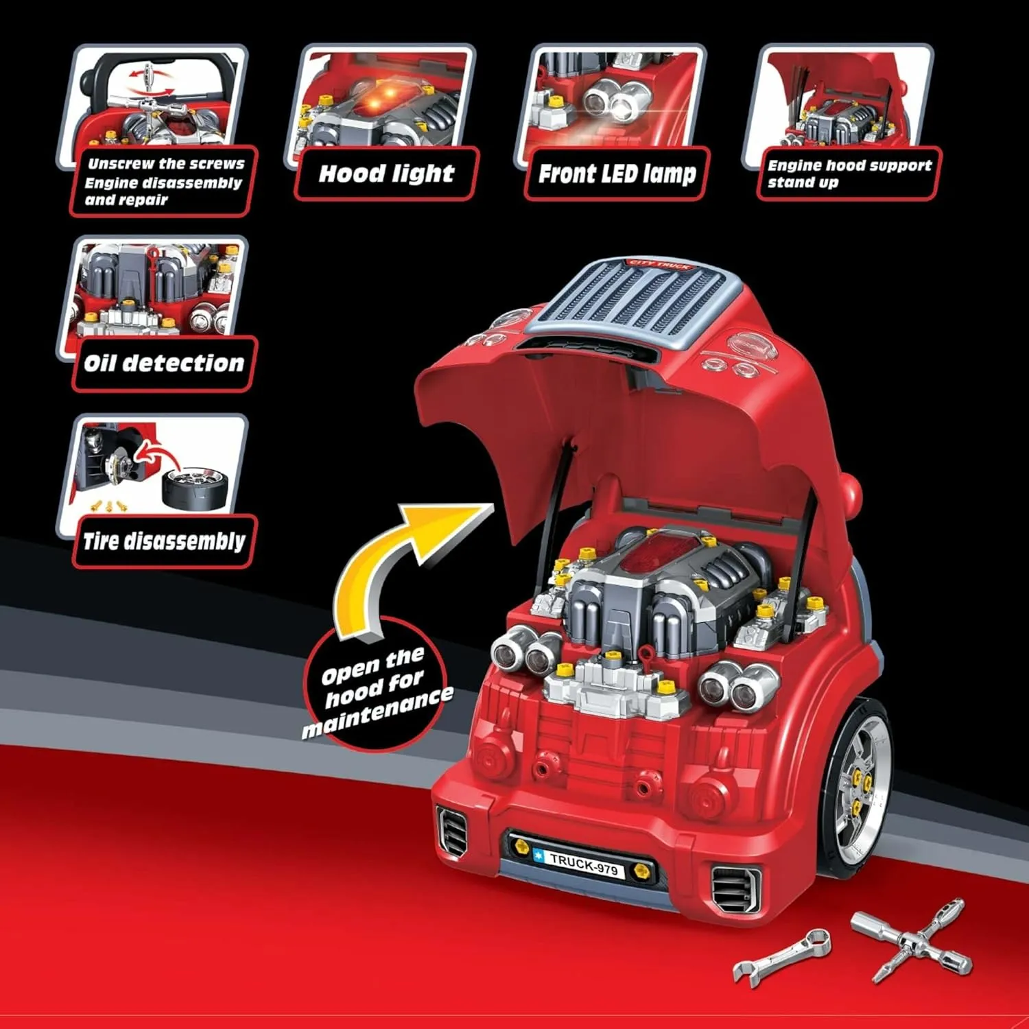 The Bubble Factory: Motor Car Engine Workshop - Red City Truck - Take Apart & Rebuild Mechanical Toy, Battery-Powered, Lights & Sound, Kids Ages 3 