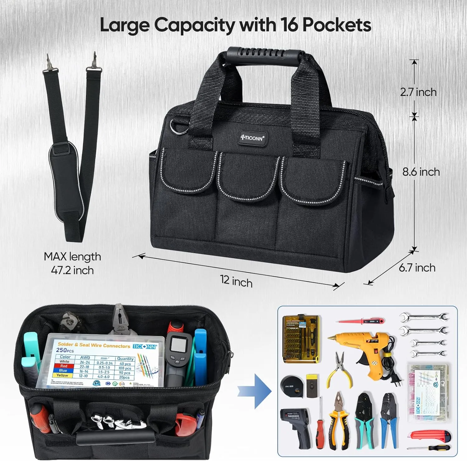 TICONN Tool Bag with Multi-Pockets Wide Mouth Tool Tote with Safety Reflective Straps, Adjustable Shoulder Strap and Ergonomic Handle (Black, 12" Standard Base)