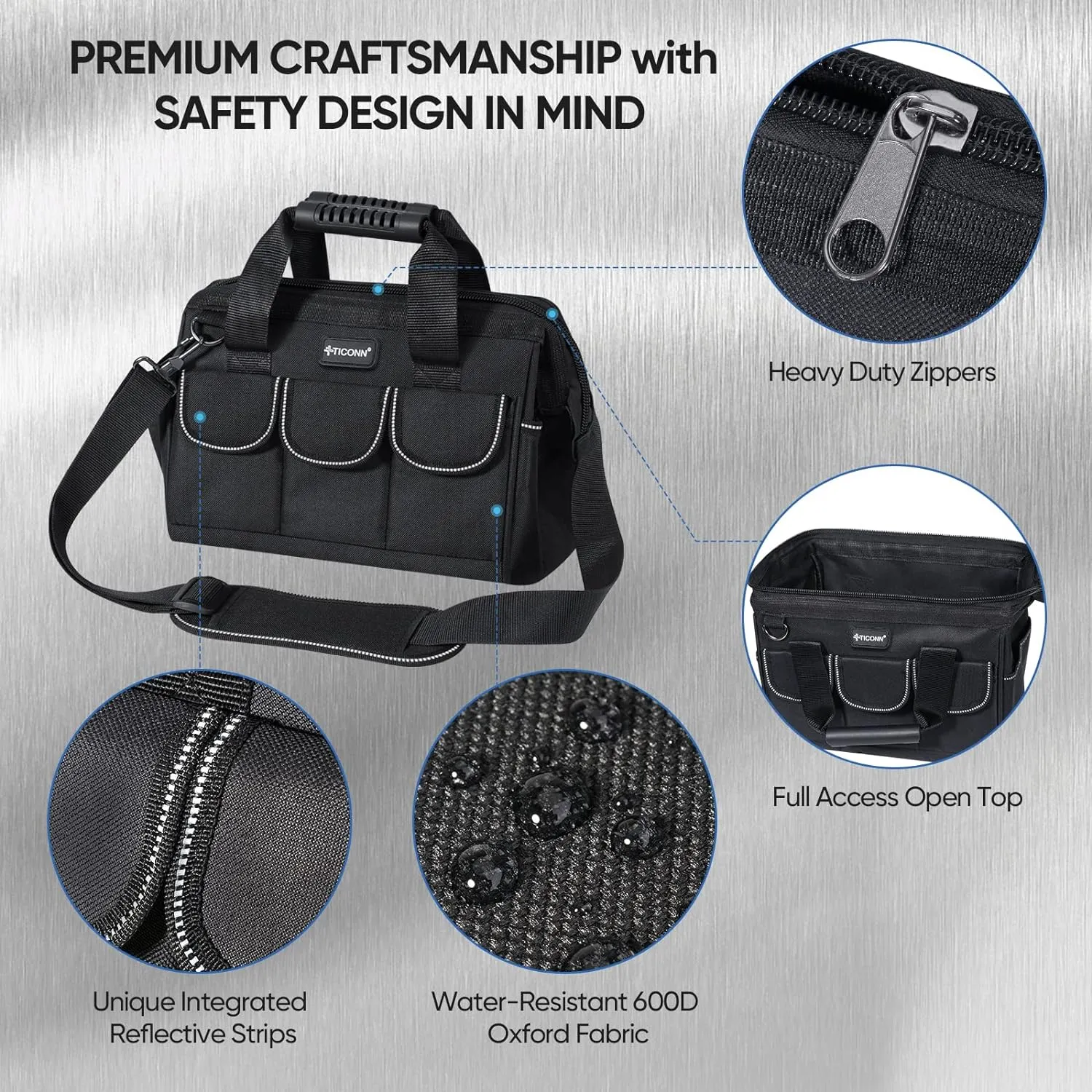 TICONN Tool Bag with Multi-Pockets Wide Mouth Tool Tote with Safety Reflective Straps, Adjustable Shoulder Strap and Ergonomic Handle (Black, 12" Standard Base)