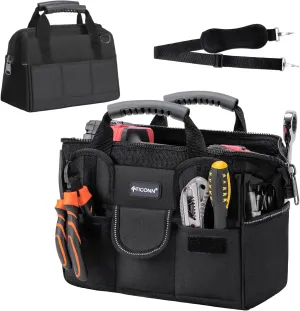 TICONN Tool Bag with Multi-Pockets Wide Mouth Tool Tote with Safety Reflective Straps, Adjustable Shoulder Strap and Ergonomic Handle (Black, 12" Standard Base)