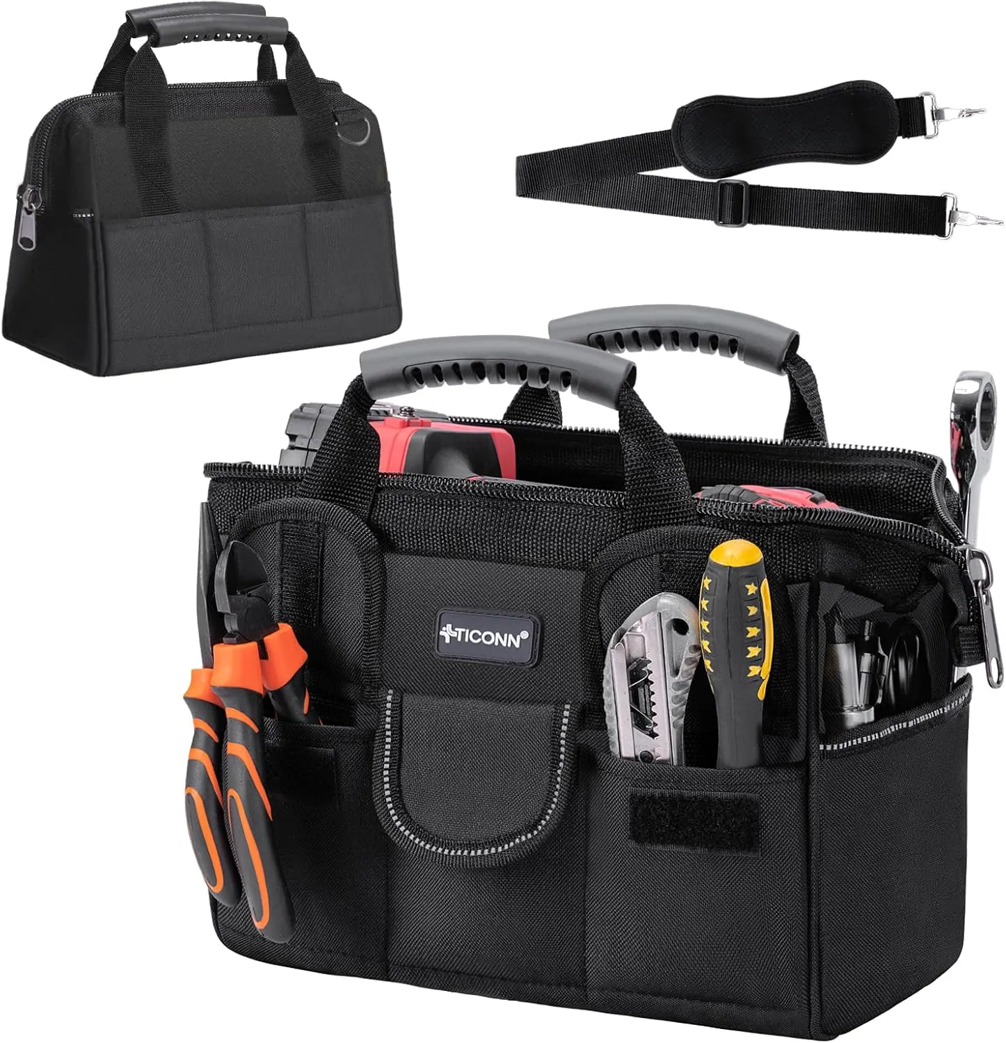 TICONN Tool Bag with Multi-Pockets Wide Mouth Tool Tote with Safety Reflective Straps, Adjustable Shoulder Strap and Ergonomic Handle (Black, 12" Standard Base)