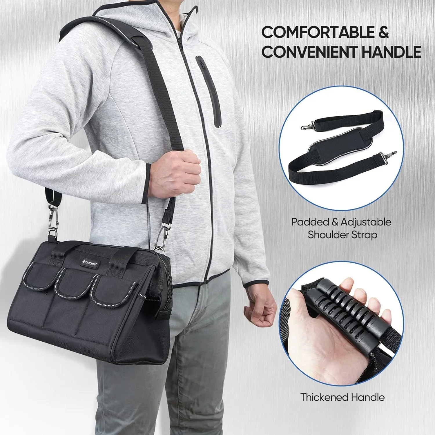 TICONN Tool Bag with Multi-Pockets Wide Mouth Tool Tote with Safety Reflective Straps, Adjustable Shoulder Strap and Ergonomic Handle (Black, 12" Standard Base)