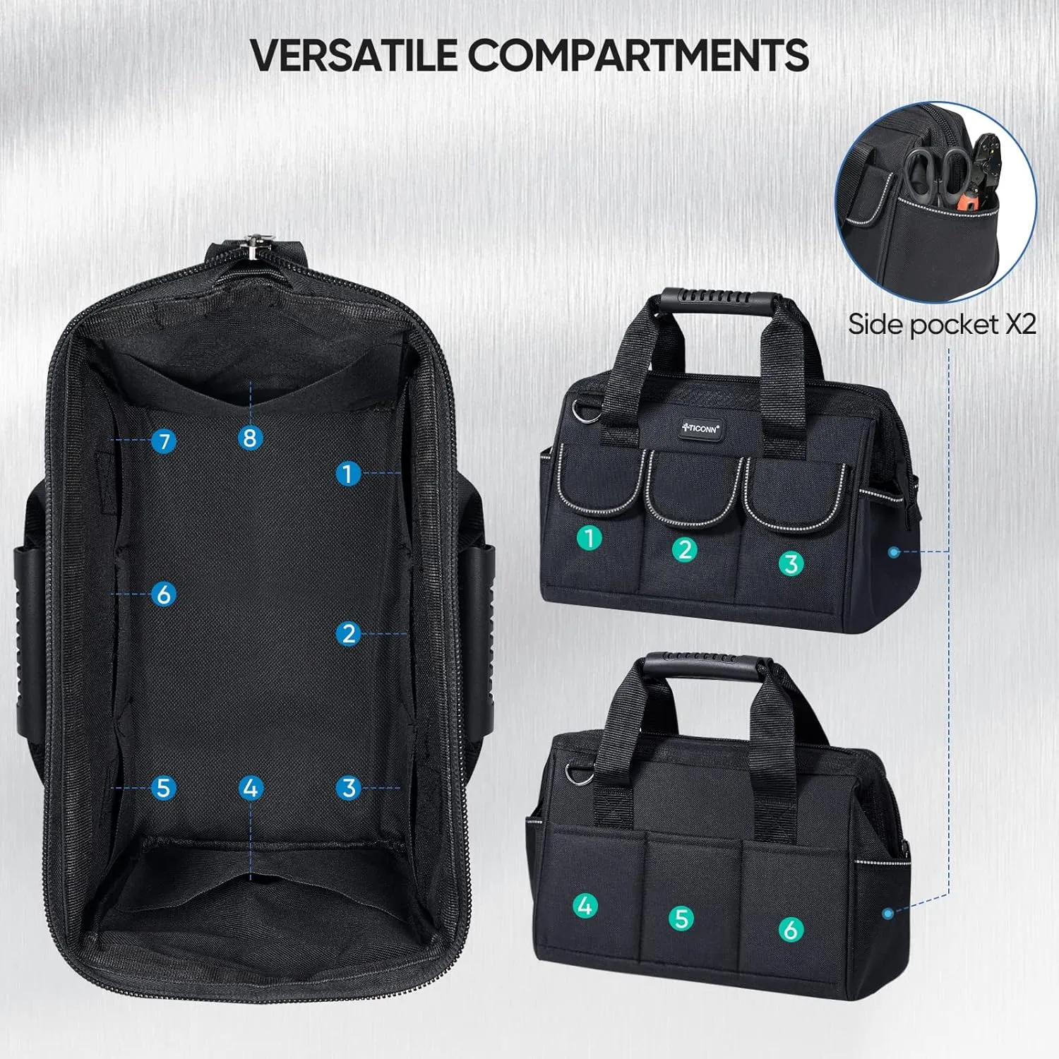 TICONN Tool Bag with Multi-Pockets Wide Mouth Tool Tote with Safety Reflective Straps, Adjustable Shoulder Strap and Ergonomic Handle (Black, 12" Standard Base)