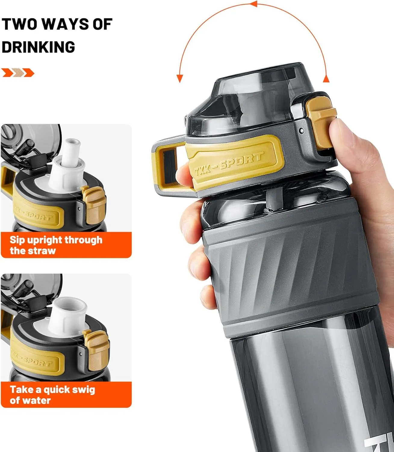 TKK 15oz Sports Water Bottles with Removable Straw Durable BPA Free Tritan Bottles Leak-Proof Water Bottles for School, Fitness, Gym, Outdoor, Grey
