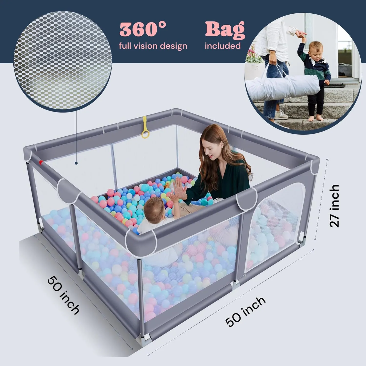 Todale 50”×50” Baby Playpen - Safe Baby Gate, Toddler, Infant & Crib, Play Pen - Portable Floor Playpen for Babies and Toddlers, Anti-Slip Base & Breathable Mesh, Enclosed Play Yard, Gray