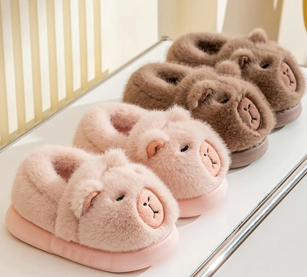 Toddler Slippers for Girls Boys Fluffy House Shoes with Heel Cover Winter Warm Plush Cute Cartoon Design Outdoor Shoes